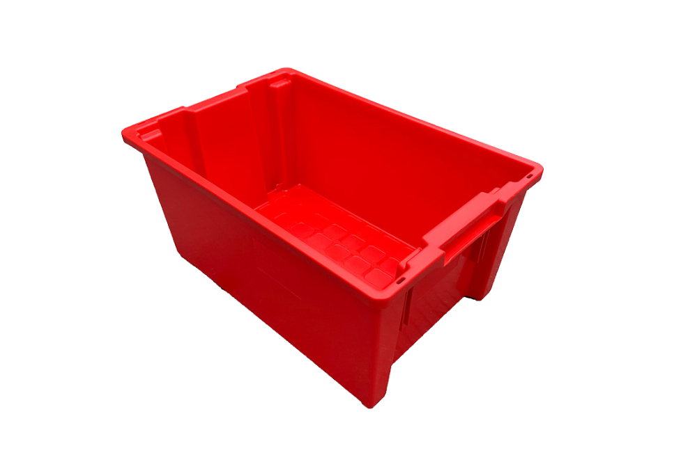 A red plastic moving box without lid.