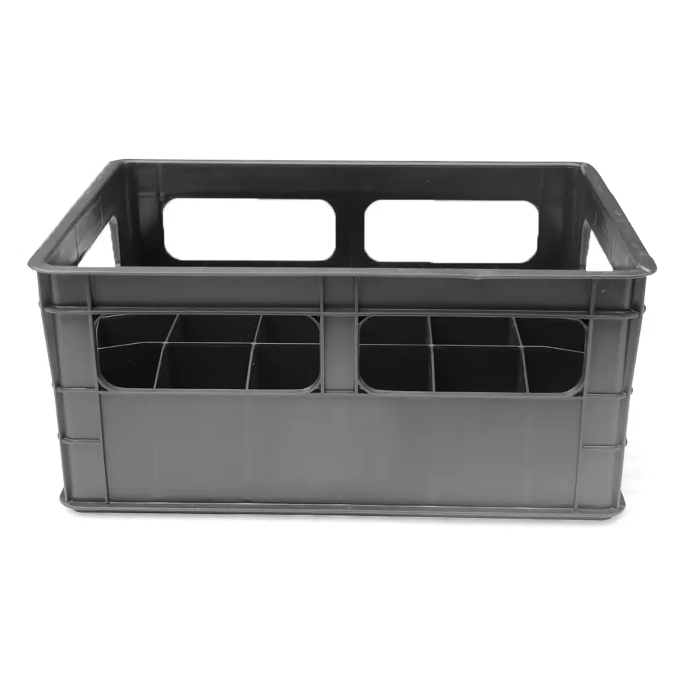 long side of black plastic crate with 24 dividers inside