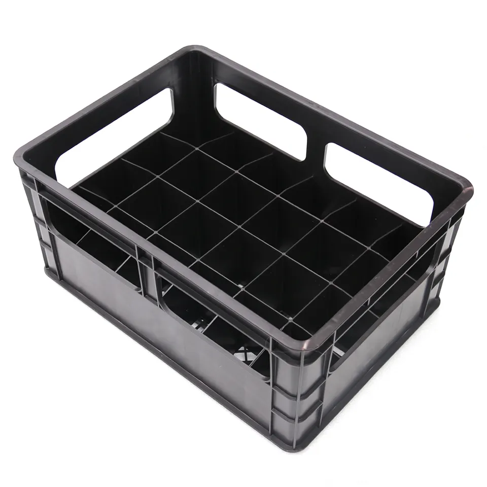 black plastic crate with 24 dividers inside