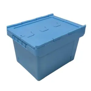 a blue small plastic crate with attached lid