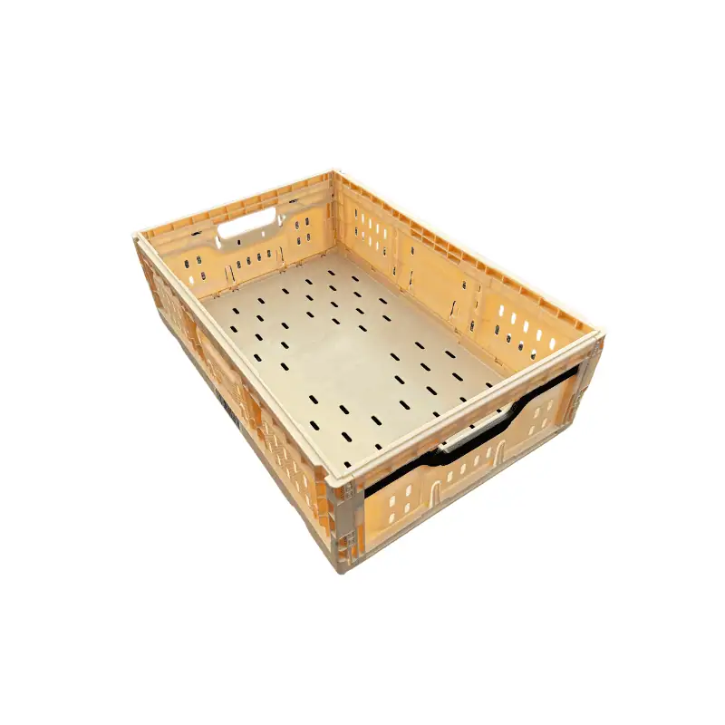 a beige collapsible crate