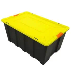40 gallon storage bin with black body yellow lid