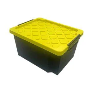 a black storage bin with yellow lid
