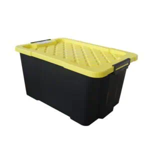 un bac de rangement noir avec un couvercle jaune