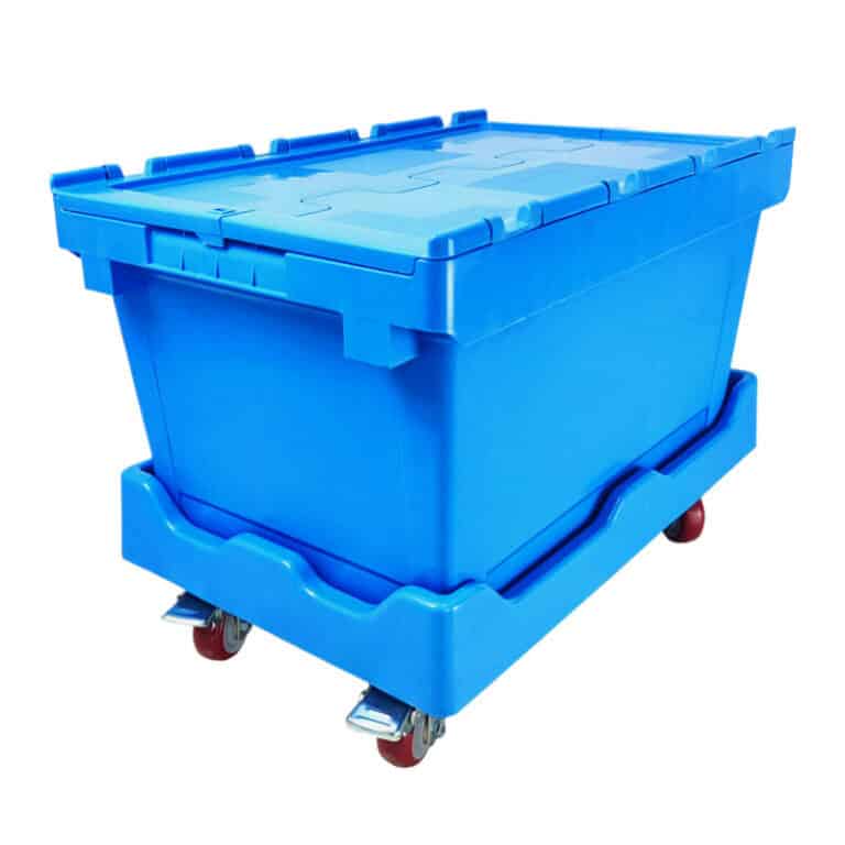 une boîte en plastique bleue sur un chariot bleu