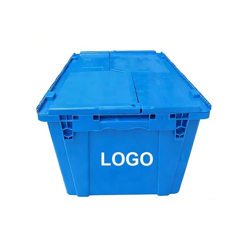 un contenant à couvercle fixe bleu avec un logo dessus