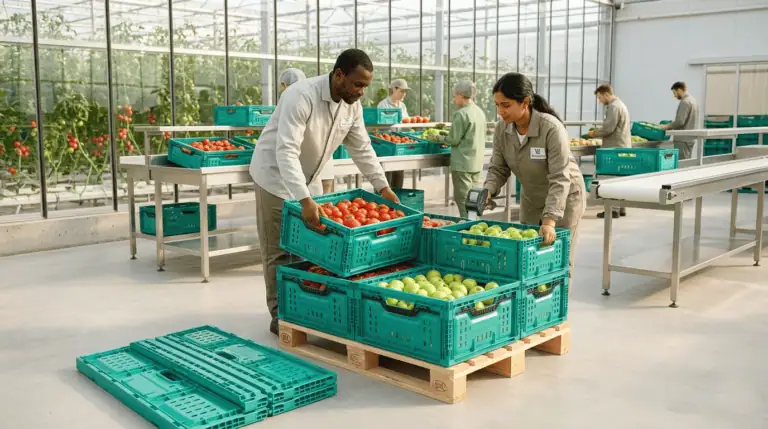 Des travailleurs chargent des caisses en plastique ventilées (identiques à l'image) remplies de produits frais sur une palette.