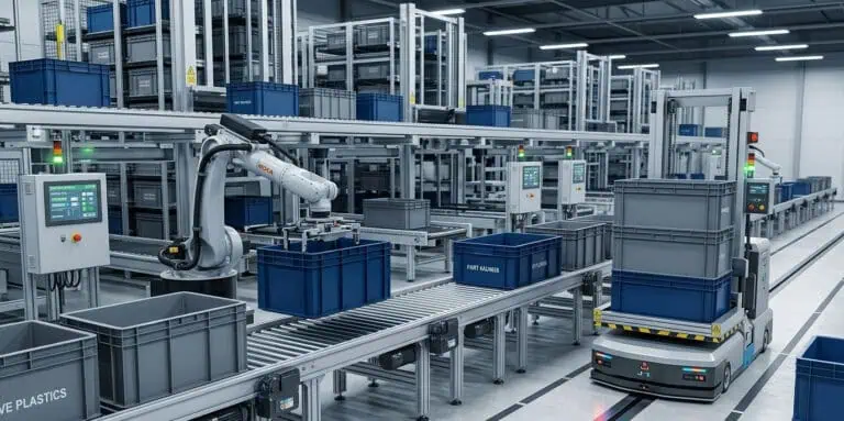 a modern automotive assembly line with plastic containers