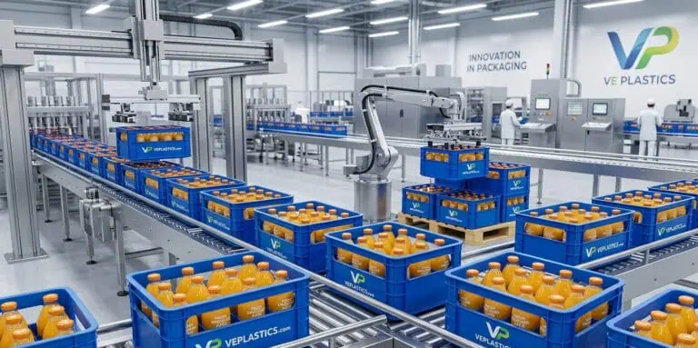 a high-speed bottling line. Show rows of vibrant, branded plastic crates moving seamlessly on a stainless steel conveyor system.