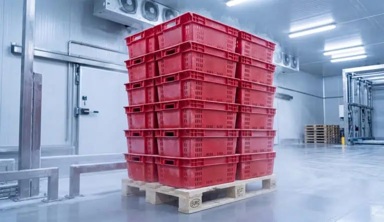 plastic crates stacked in frozen warehouse