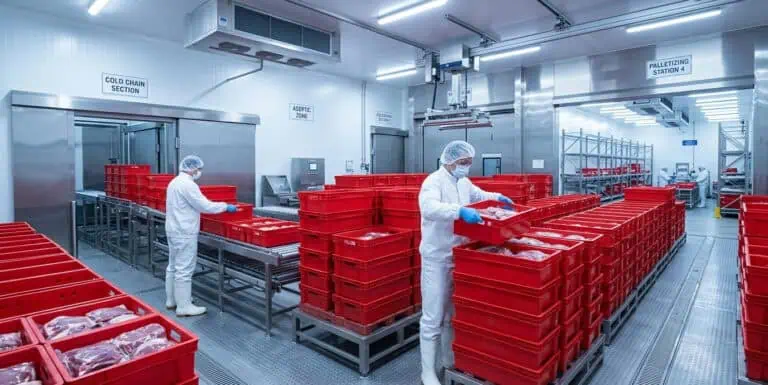 processing meat with red plastic crates