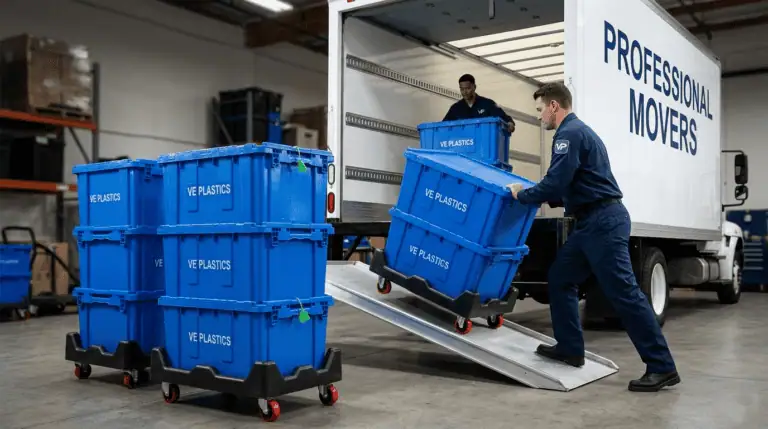a moving company are moving by attached lid containers