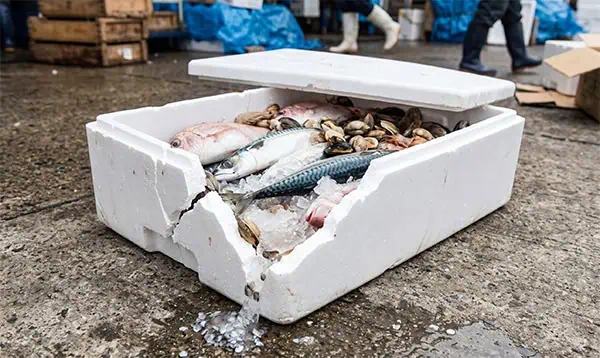 a broken styrofoam box with seafood