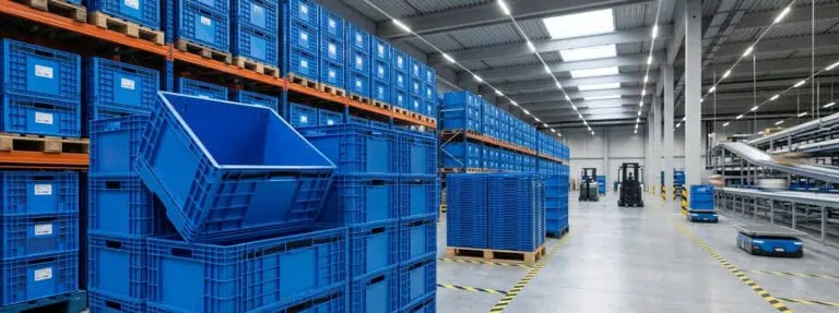 plastic crates stacked in a warehouse