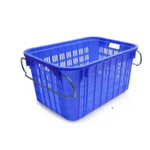 a blue plastic produce crate with metal handle. FOOD GRADE 