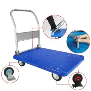 a blue hand cart with plastic platform and metal handle