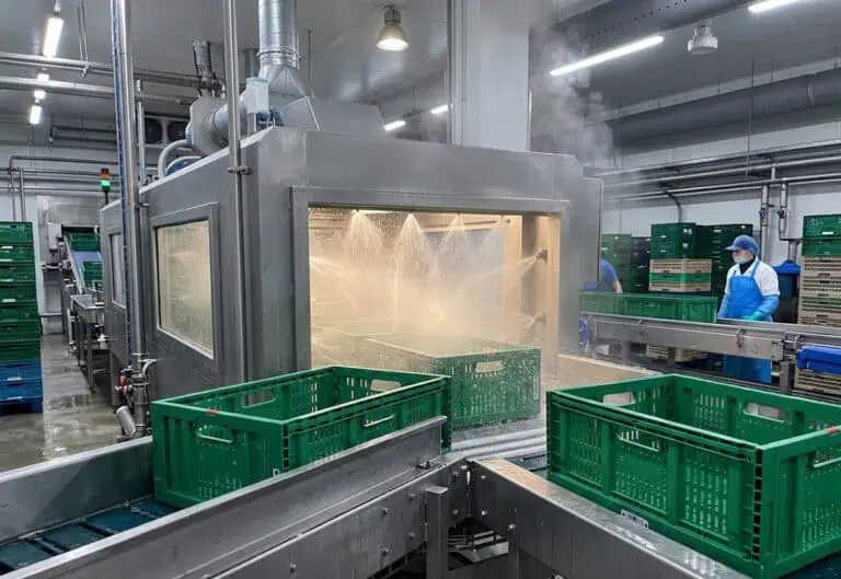 A machine is washing plastic crates
