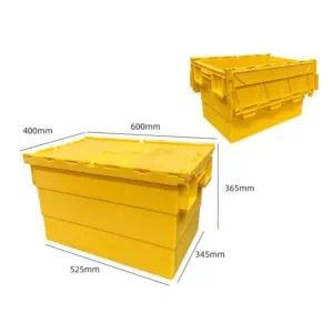 two yellow plastic tote box with attached lid