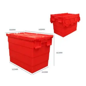 deux caisses de déménagement en plastique rouge avec couvercles intégrés